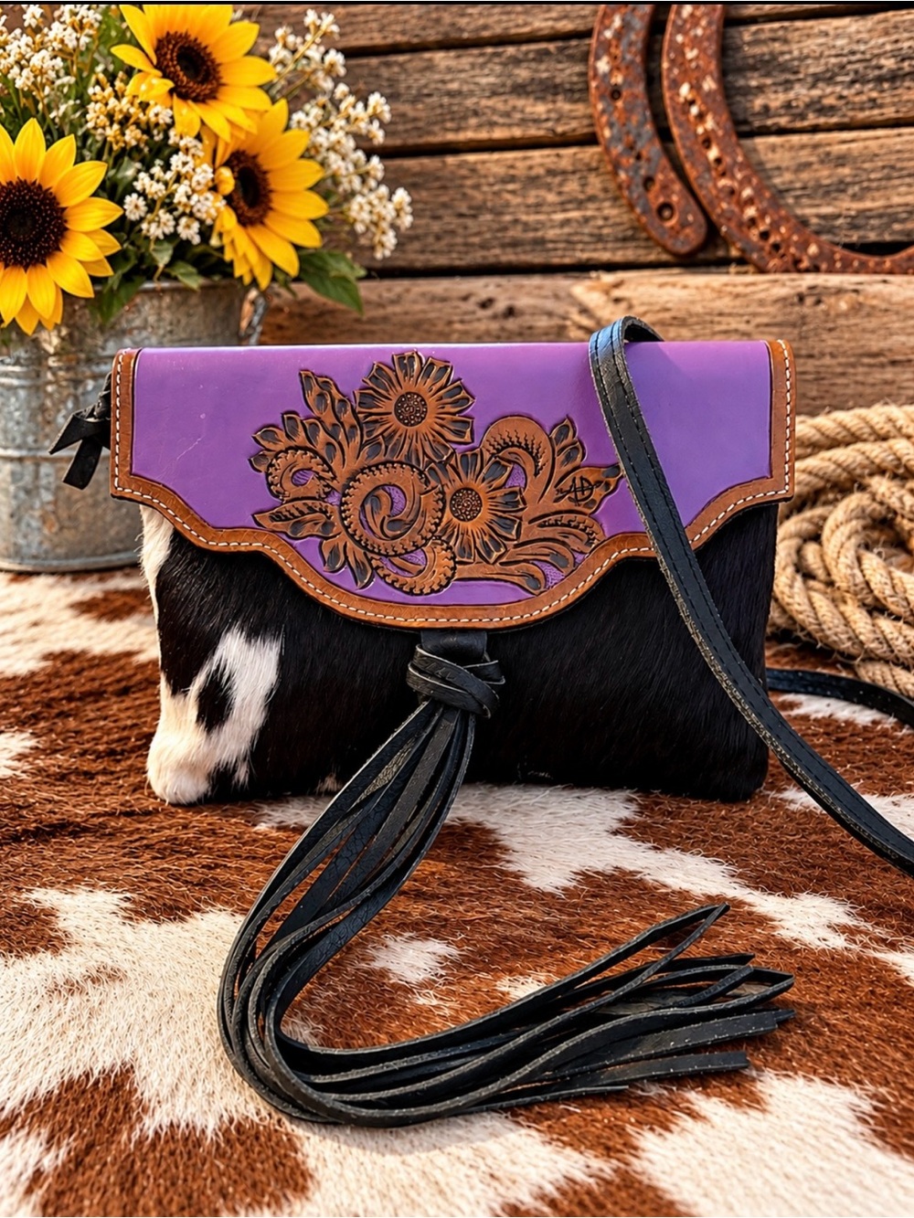 American Darling Purple Floral Tooled Leather & Cowhide Fringe Crossbody Purse